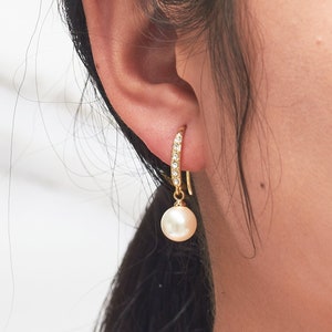 Gold Plated Pearl Drop Earrings (Pair) Created with Zircondia® Crystals by Philip Jones