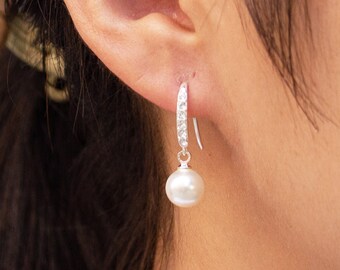 Silver Plated Pearl Drop Earrings (Pair) Created with Zircondia® Crystals by Philip Jones