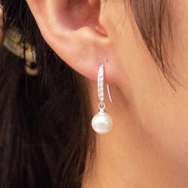 Silver Plated Pearl Drop Earrings (Pair) Created with Zircondia® Crystals by Philip Jones