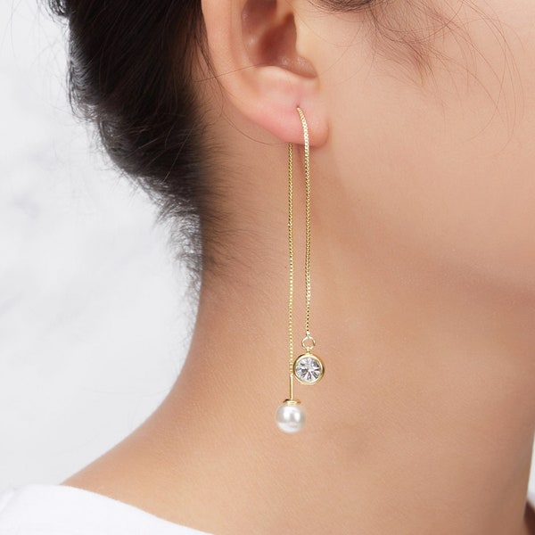 Gold Plated Pearl Thread Earrings (Pair) Created with Zircondia® Crystals by Philip Jones