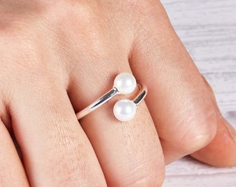 Silver Plated Adjustable Double Pearl Ring by Philip Jones