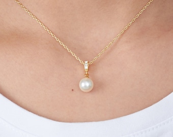 Gold Plated Pearl Drop Necklace Created with Zircondia® Crystals by Philip Jones