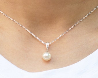 Silver Plated Pearl Drop Necklace Created with Zircondia® Crystals by Philip Jones