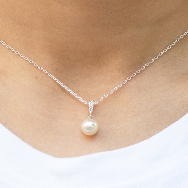 Silver Plated Pearl Drop Necklace Created with Zircondia® Crystals by Philip Jones