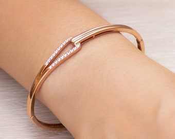 Rose Gold Plated Link Bangle Created with Zircondia® Crystals by Philip Jones