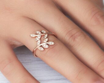 Rose Gold Plated Adjustable Leaf Ring Created with Zircondia® Crystals