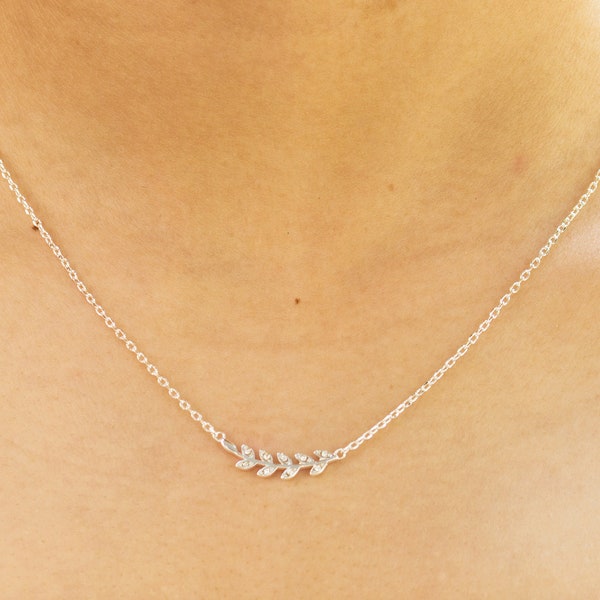 Silver Plated Leaf Necklace Created with Zircondia® Crystals by Philip Jones