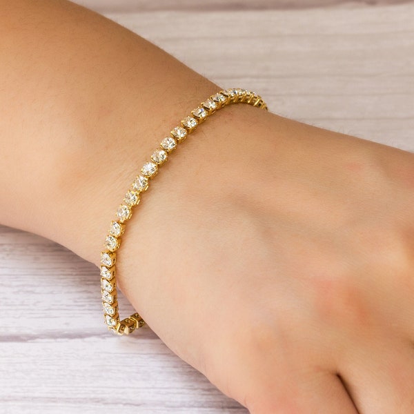 Gold Plated 3mm Tennis Bracelet Created with Zircondia® Crystals by Philip Jones