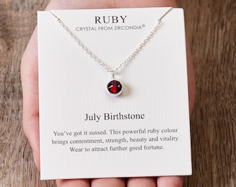 July Ruby Birthstone Necklace Created with Zircondia Crystals by Philip Jones