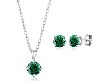 Sterling Silver May (Emerald) Birthstone Necklace & Earrings (Pair) Set Created with Zircondia® Crystals by Philip Jones