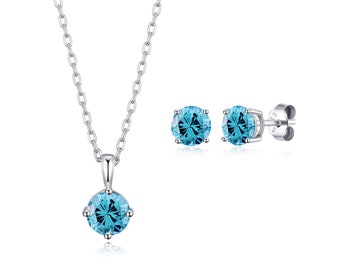 Sterling Silver March (Aquamarine) Birthstone Necklace & Earrings (Pair) Set Created with Zircondia® Crystals by Philip Jones