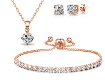 Rose Gold Plated Solitaire Friendship Set Created with Zircondia® Crystals by Philip Jones