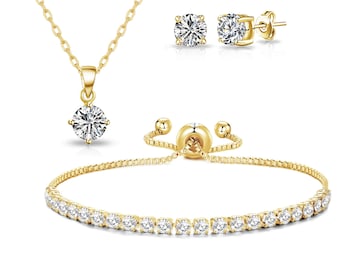 Gold Plated Solitaire Friendship Set Created with Zircondia® Crystals by Philip Jones