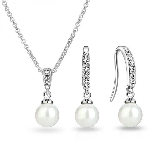 Silver Plated Pearl Drop Set Created with Zircondia® Crystals by Philip Jones