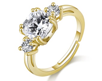 Gold Plated Adjustable Three Stone Ring Created with Zircondia® Crystals by Philip Jones