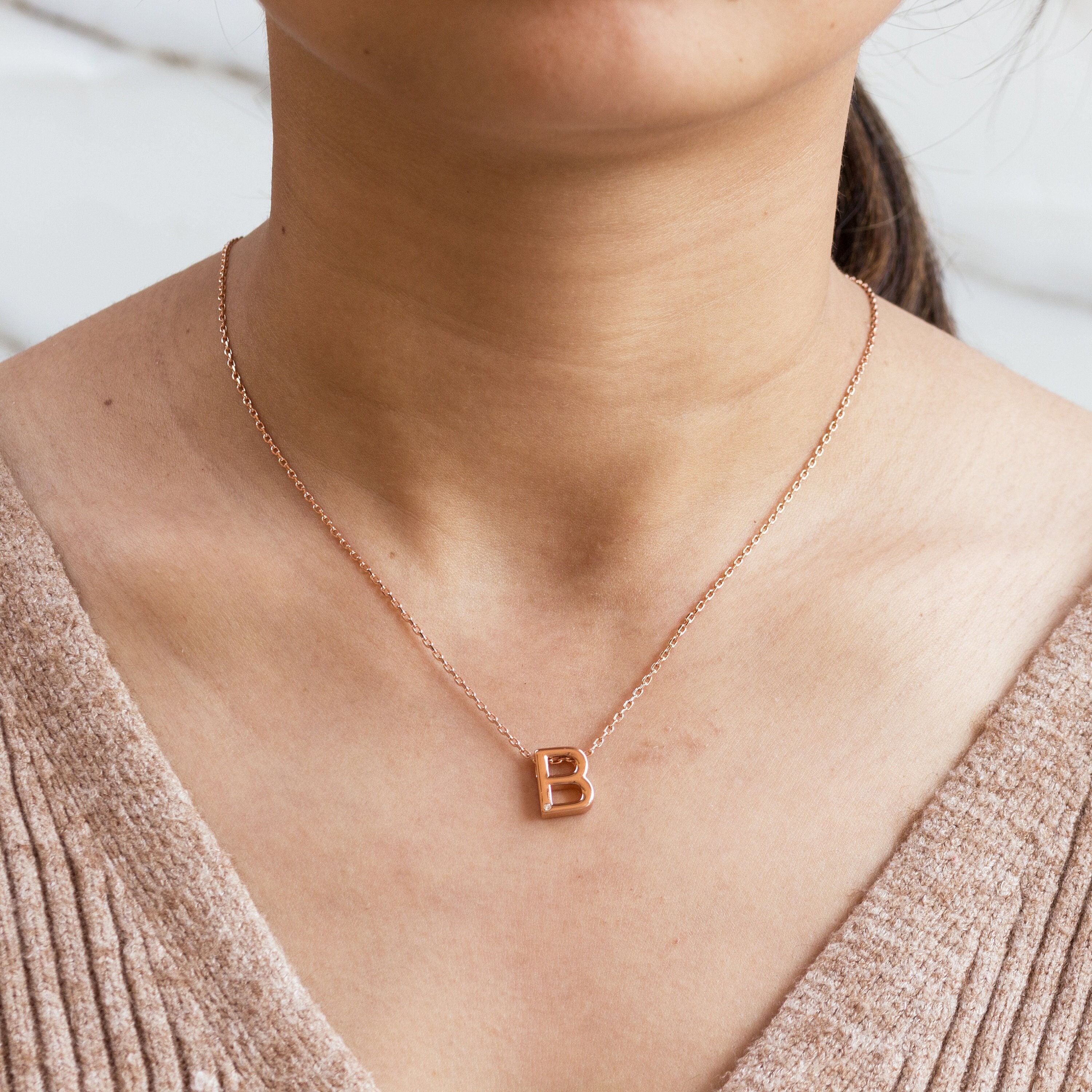 Rose Gold Plated Initial Necklace Letter B Created With Zircondia Crystals by Philip Jones Etsy