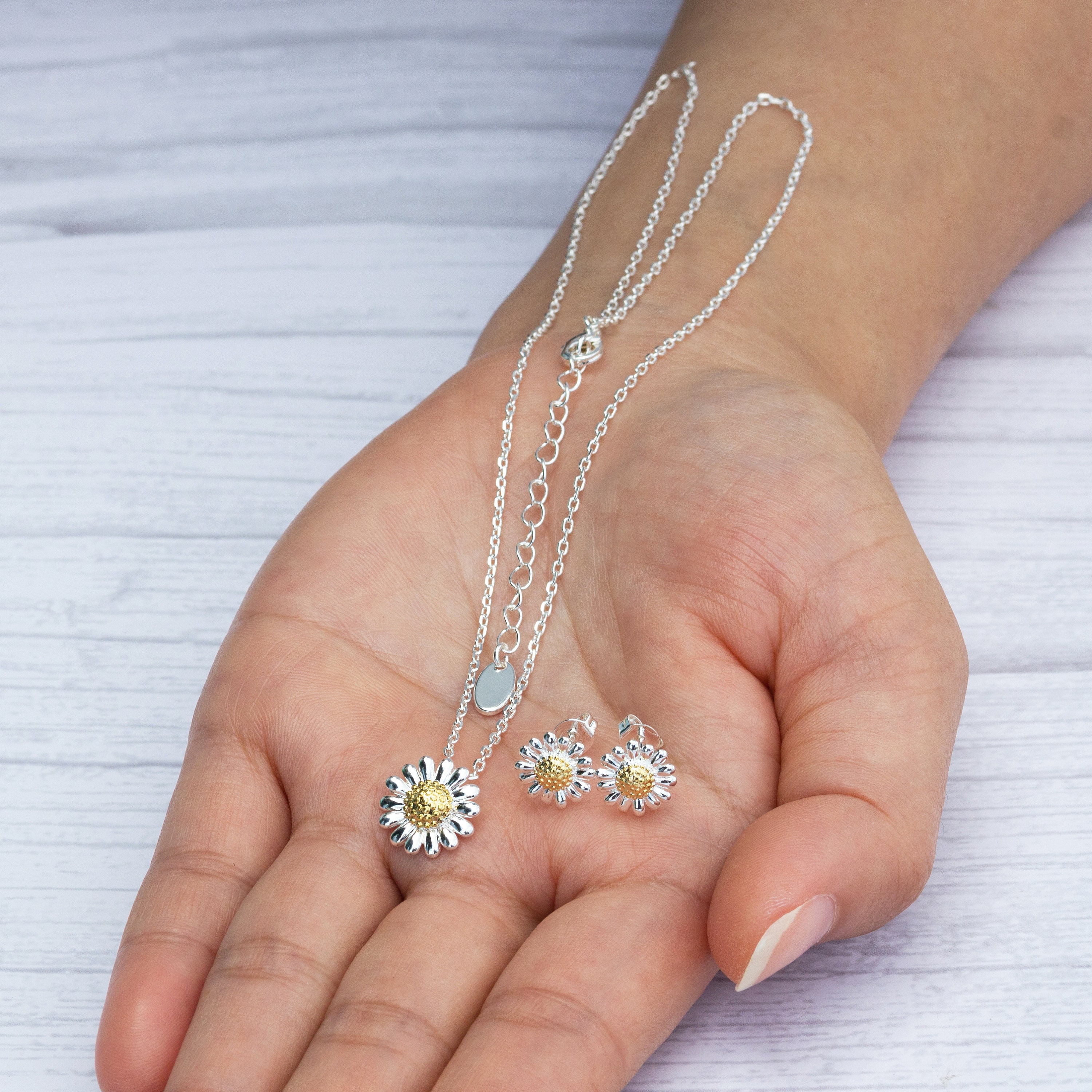 Daisy Two Tone Necklace and Stud Earrings pair Set by Philip Jones