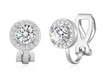 Silver Plated Round Halo Clip On Earrings Created with Zircondia® Crystals by Philip Jones