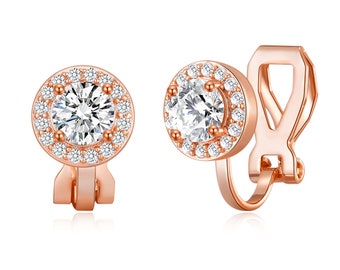 Rose Gold Plated Round Halo Clip On Earrings Created with Zircondia® Crystals by Philip Jones