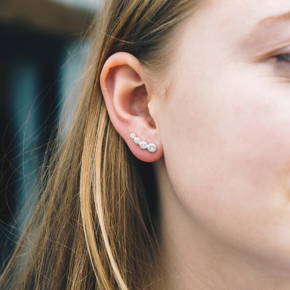 Silver Four Stone Climber Earrings Created With Austrian Crystals
