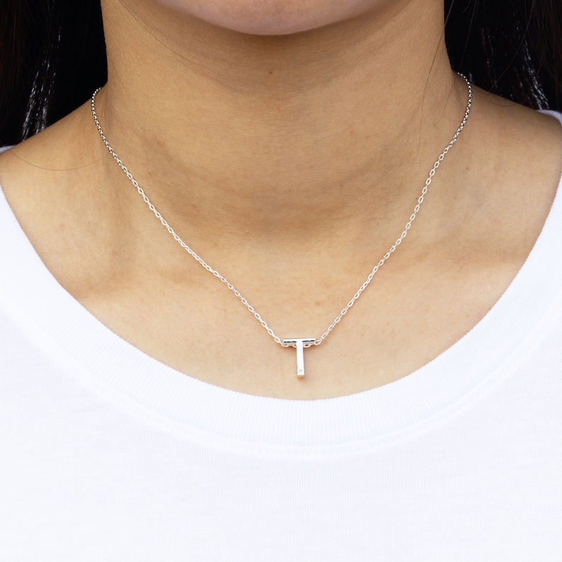 Philip Jones Collana Iniziale Lettera T Con Cristalli Zircondia - Placcato Argento - Ipoallergenica - 43+5 Cm - 3