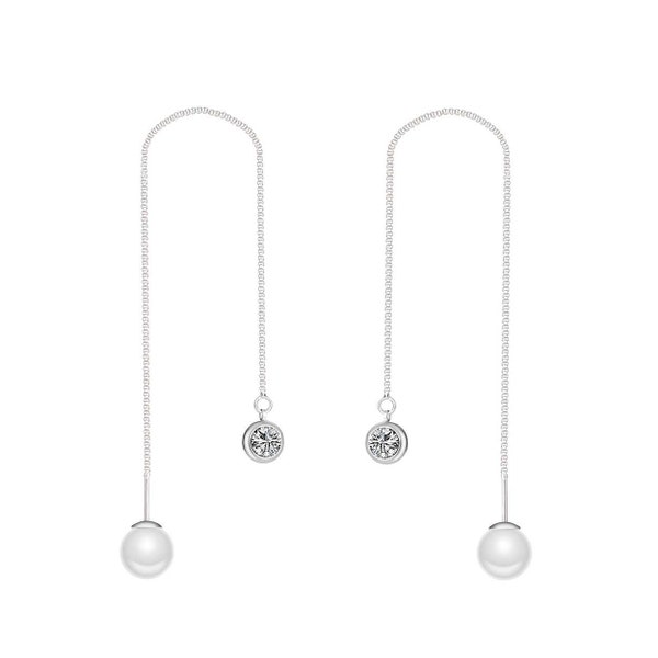 Silver Plated Pearl Thread Earrings (Pair) Created with Zircondia® Crystals