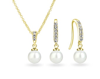 Gold Plated Pearl Drop Set Created with Zircondia® Crystals by Philip Jones