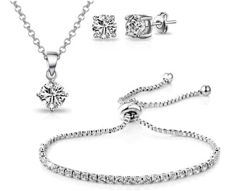 Silver Plated 3Pc Solitaire Friendship Set Created with Zircondia® Crystals by Philip Jones