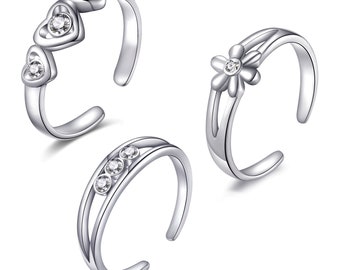 Set of Three Silver Plated Adjustable Toe Rings Created with Zircondia® Crystals by Philip Jones