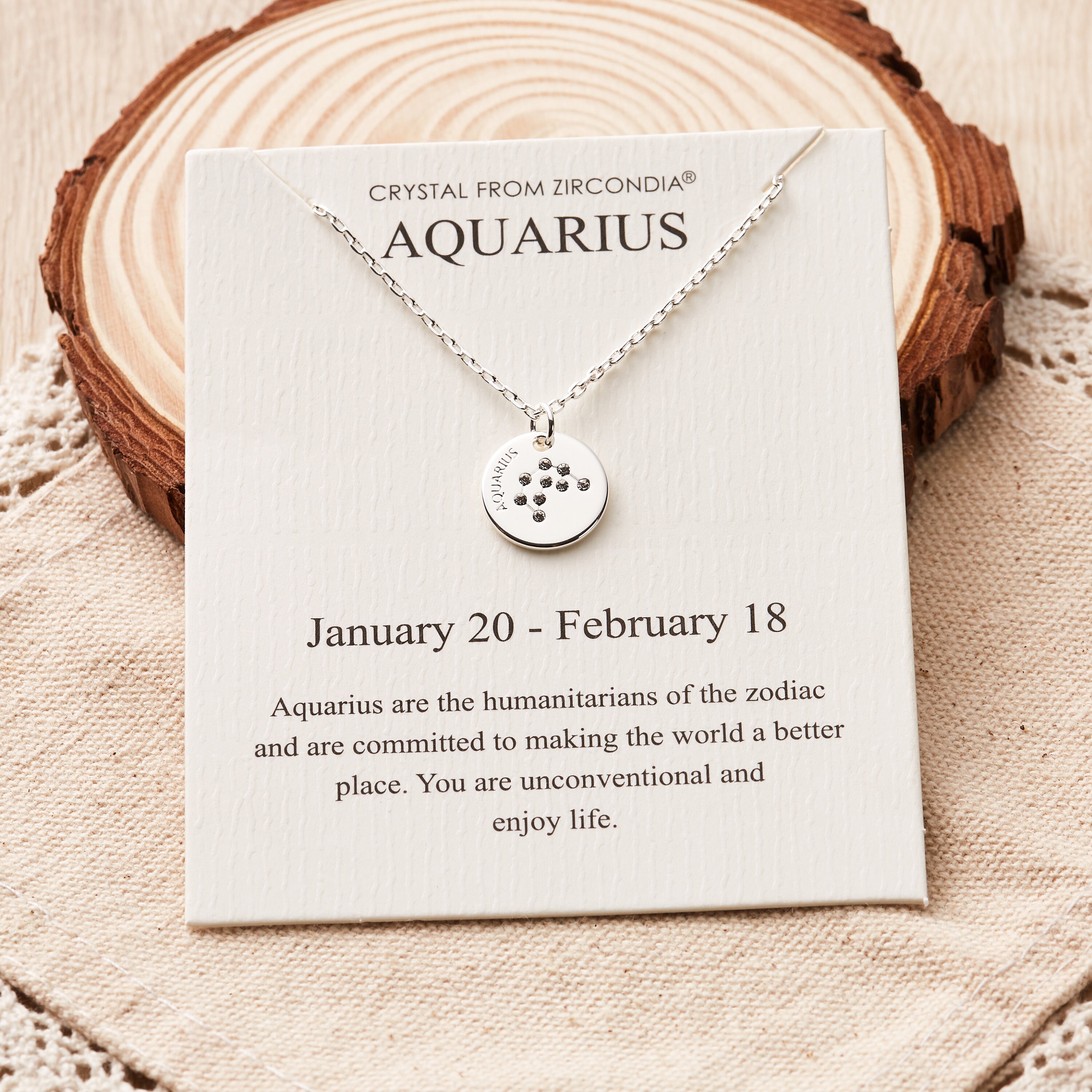 Aquarius Zodiac Star Sign Disc Necklace Created With Zircondia Crystals by Philip Jones Etsy Australia