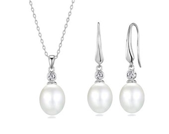 Sterling Silver White Pearl Drop Set Created with Zircondia® Crystals by Philip Jones