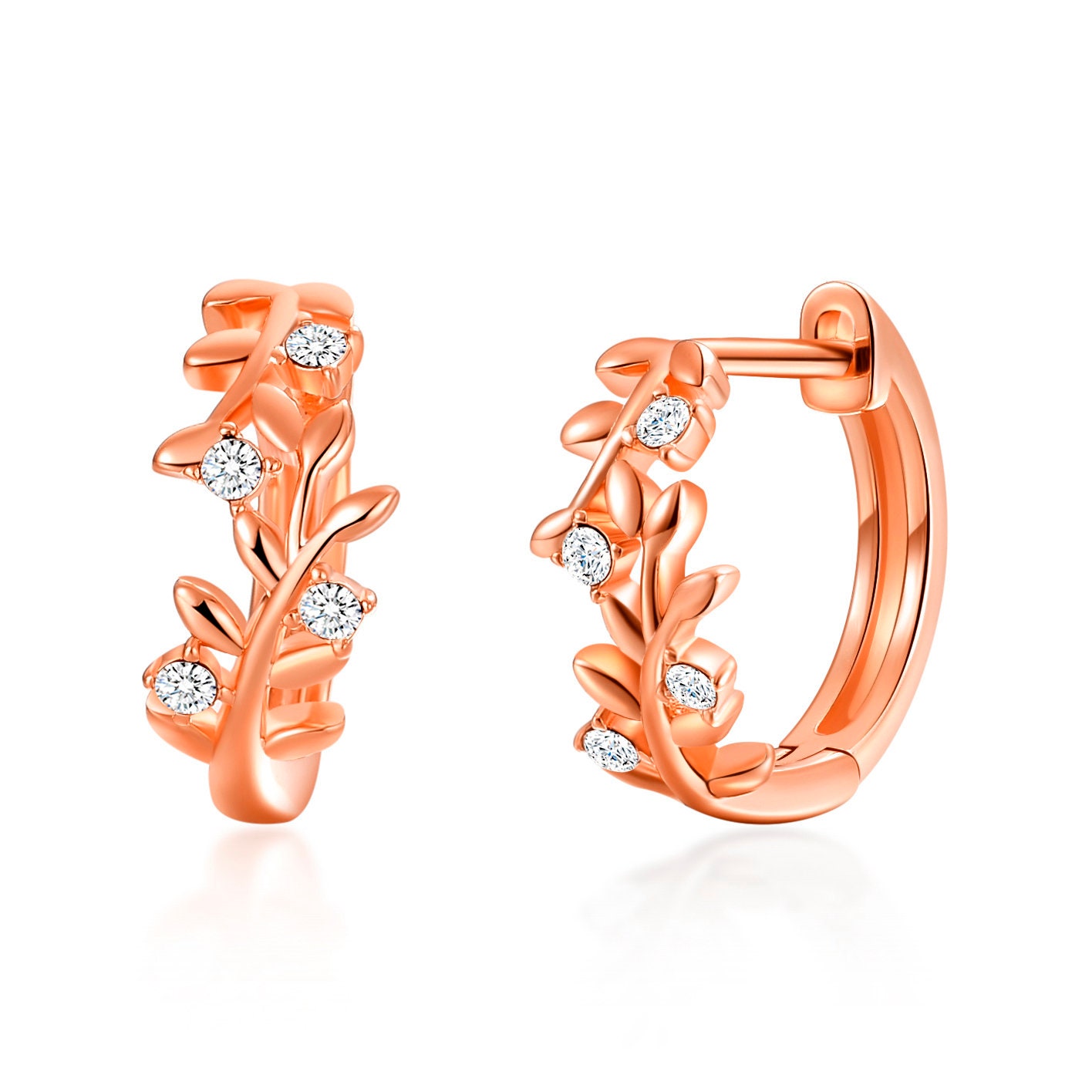 Rose Gold Plated Leaf Hoop Earrings Created With Zircondia® Etsy UK