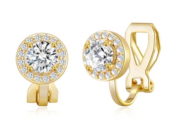 Gold Plated Round Halo Clip On Earrings Created with Zircondia® Crystals by Philip Jones