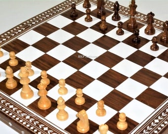 21 Inch| Hand-crafted Inlaid Wood Chess Board |Includes Staunton chess set|Free book by Bobby Fischer or The Queen's Gambit|