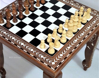 14-Zoll-handgefertigter eingelegter Holz-Schachbrettspieltisch | Free Staunton Schachspiel | Free Buch von Bobby Fischer oder The Queen&#39;s Gambit|