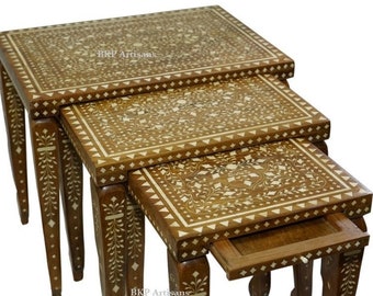 3 piece Nested|Inlay Coffee Table|Teakwood Table|Bone Inlaid