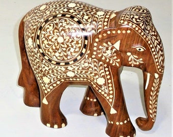 Hand Carved Elephant 8"|Bone Inlaid |Art|Decor|Wood carved|Bohemian Decor|