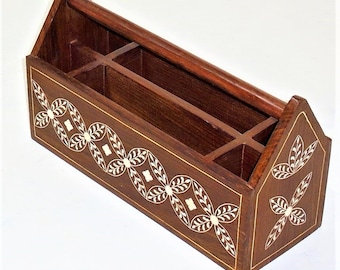 Bone Inlay Wooden Silverware Caddy|Kitchen Utensil Holder|Picnic Outdoor BBQ caddy|Kitchen tool holder|Housewarming Gift|Christmas ware|
