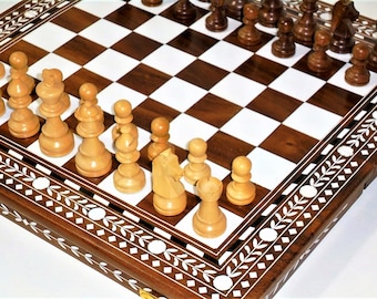 16-Zoll-handgefertigtes eingelegtes Holz-Schachbrett | Beinhaltet Staunton-Schachspiel | Gratis Buch von Bobby Fischer oder The Queen&#39;s Gambit|
