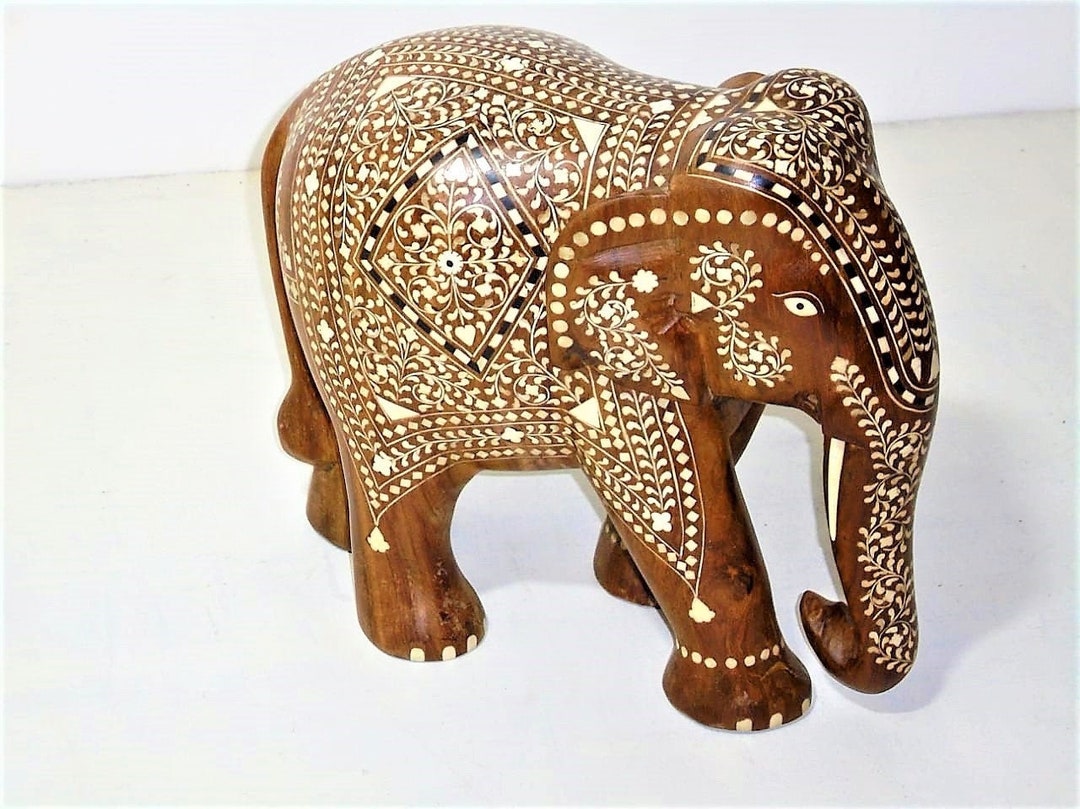Hand Carved Elephant 12bone Inlaid artdecorwood Carvedbohemian Decor Etsy