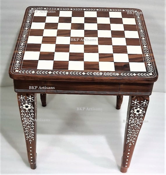 12 Chess Board Table Elephant Hand Carved Inlaid Work Square Rosewood  Foldable