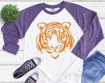 Tiger Head Raglan 3/4 Sleeve T-shirt | Graphic Tees for Women | Football Tees | Clemson Tee | Clemson University | Tigers Shirt