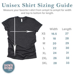 May include: Unisex shirt sizing guide with a chart showing measurements in inches for width and length for sizes XS to 3XL. The chart is next to a gray t-shirt with a white arrow pointing to the armpit and another arrow pointing to the bottom of the shirt.