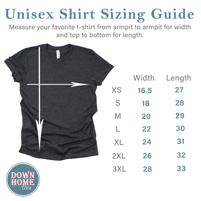 May include: Unisex shirt sizing guide with a chart showing measurements in inches for width and length for sizes XS to 3XL. The chart is next to a gray t-shirt with a white arrow pointing to the armpit and another arrow pointing to the bottom of the shirt.