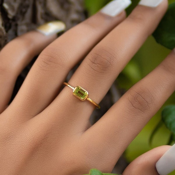 Natural Peridot Ring 18 Karat Gold Vermeil, August Birthstone, Green Gemstone Gold Ring, Minimalist Handmade Ring, Gift for Her Octagon Ring