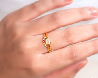 Natural Rainbow Moonstone Rings, 18k Gold Vermeil, June Birthstone Ring, Octagon Gold Ring, Stackable Ring, Gift for her, Minimalist Jewelry