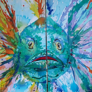 May include: A vibrant watercolour painting of a fish with a surprised expression. The artwork features a teal body, red mouth, and expressive eyes. Splashes of orange, yellow, and blue surround the fish, creating a dynamic and colourful composition.