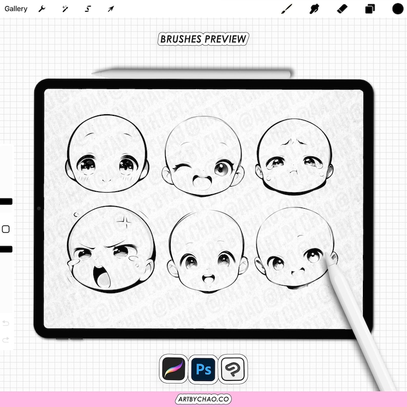 Procreate Emote Base: 200 Chibi Anime Face Expression Stamps (Photoshop, CSP supported) image 3