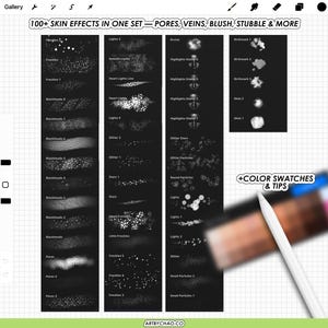 100+ Procreate skin effects brush set preview showing freckles, pores, blackheads, lights, highlights stamps, glitter particles, birthmarks and moles, plus included color swatches and tips.