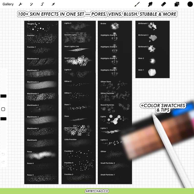 100+ Procreate skin effects brush set preview showing freckles, pores, blackheads, lights, highlights stamps, glitter particles, birthmarks and moles, plus included color swatches and tips.